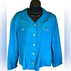 🌊 Chico’s Textured Silk Blend Button Front Jacket Top – Turquoise Blue – S 2 (L)